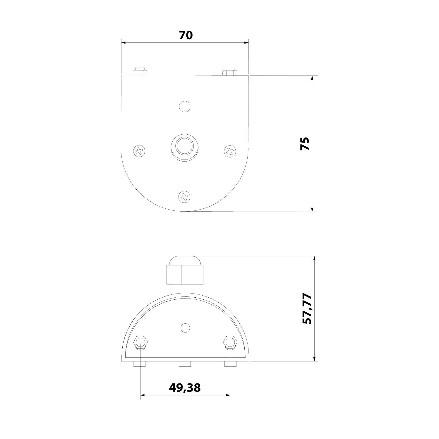 Technische Zeichnung eines mechanischen Bauteils mit Maßangaben: Draufsicht Breite 70 mm, Höhe 75 mm; Seitenansicht Breite 49,38 mm, Höhe 57,77 mm.