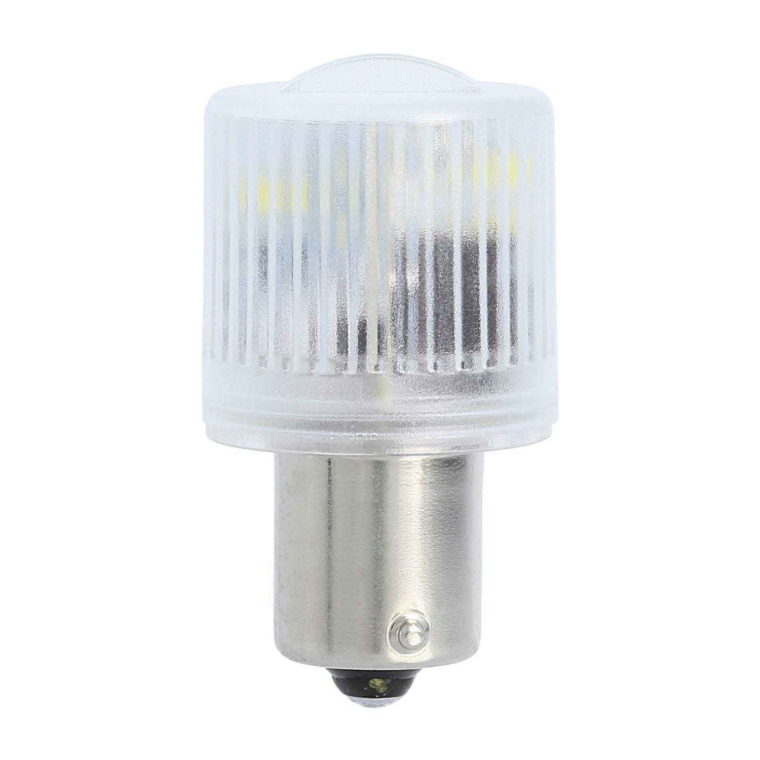 Eine klare LED-Glühbirne mit metallischer Basis und gerilltem Kunststoffgehäuse, die üblicherweise in Lampen oder als Anzeigelampe in Geräten verwendet wird.