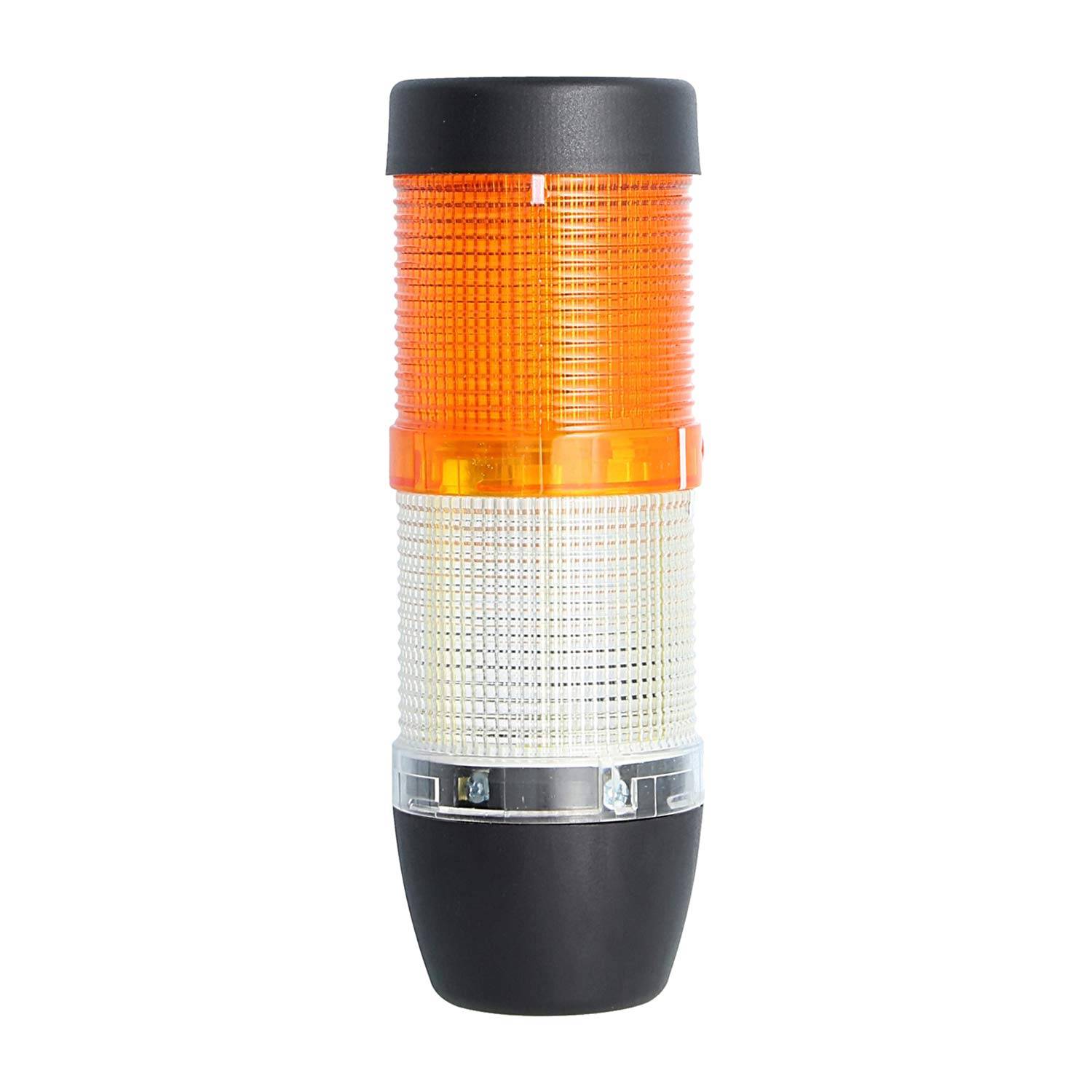 Ein orange-weißer LED-Signalturm mit schwarzem Sockel, der zur industriellen Signalgebung verwendet wird.