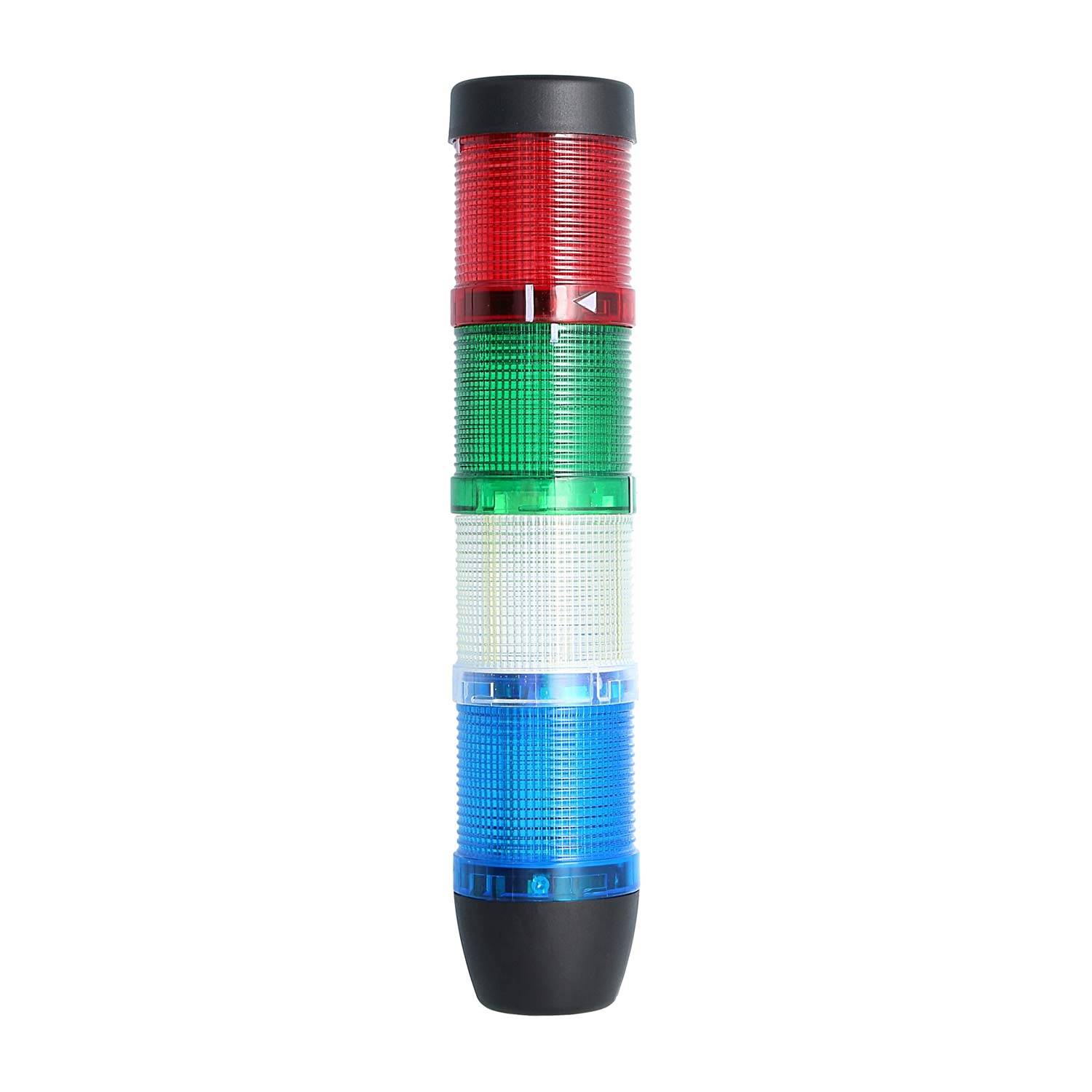 Ein Signalturm mit roten, grünen, weißen und blauen Leuchten, die verschiedene Betriebszustände in einer industriellen Umgebung repräsentieren.