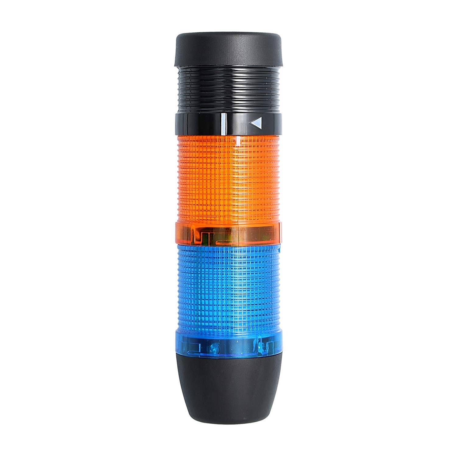 Mehrschichtige LED-Signalsäule mit orangen und blauen Segmenten, zylindrische Form, zur Anzeige von Maschinenstatus oder Warnungen.