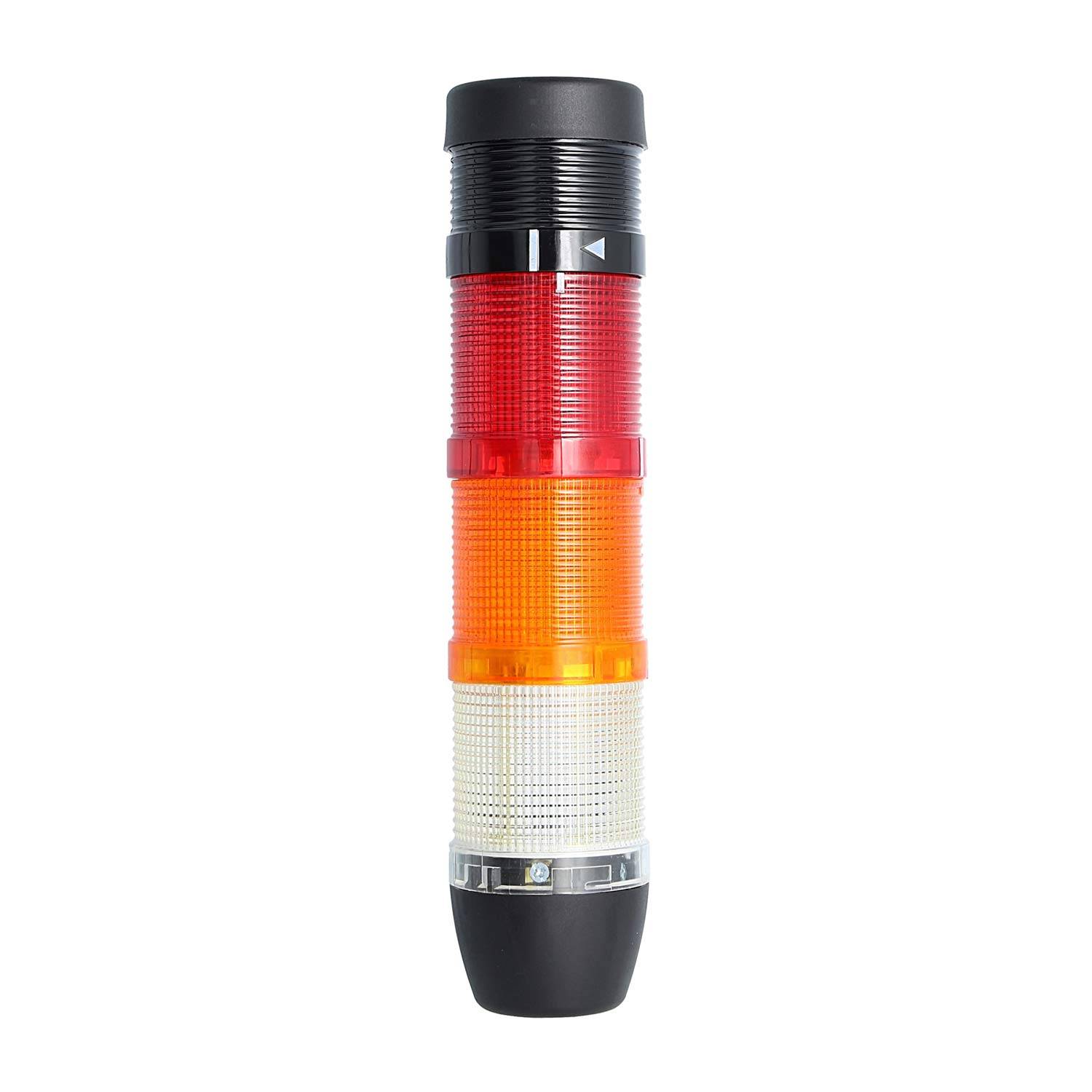 Ein Leuchtfeuerturm mit drei farbigen Abschnitten: rot, orange und weiß, der üblicherweise für Signalgebung oder Warnungen verwendet wird.