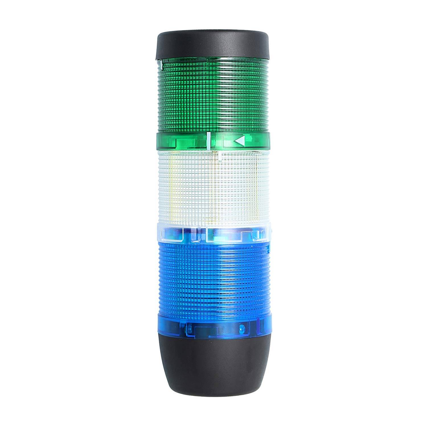 Ein vertikaler LED-Signalturm mit drei farbigen Abschnitten: grün oben, weiß in der Mitte und blau unten.