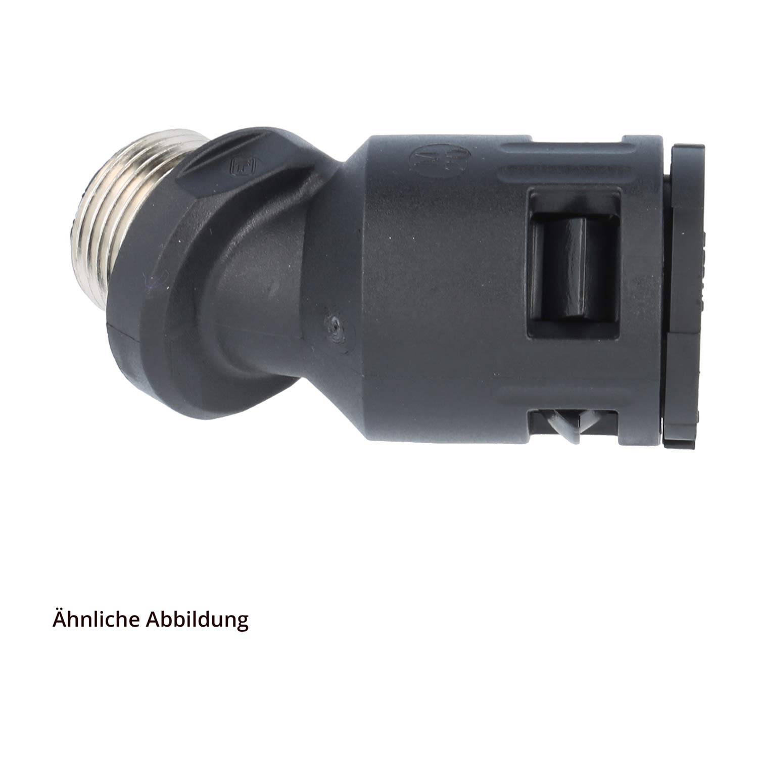 Ein schwarzer und silberner mechanischer Stecker mit Gewinde am Ende und einem Verriegelungsmechanismus, der zur sicheren Befestigung in Industrieanwendungen verwendet wird.