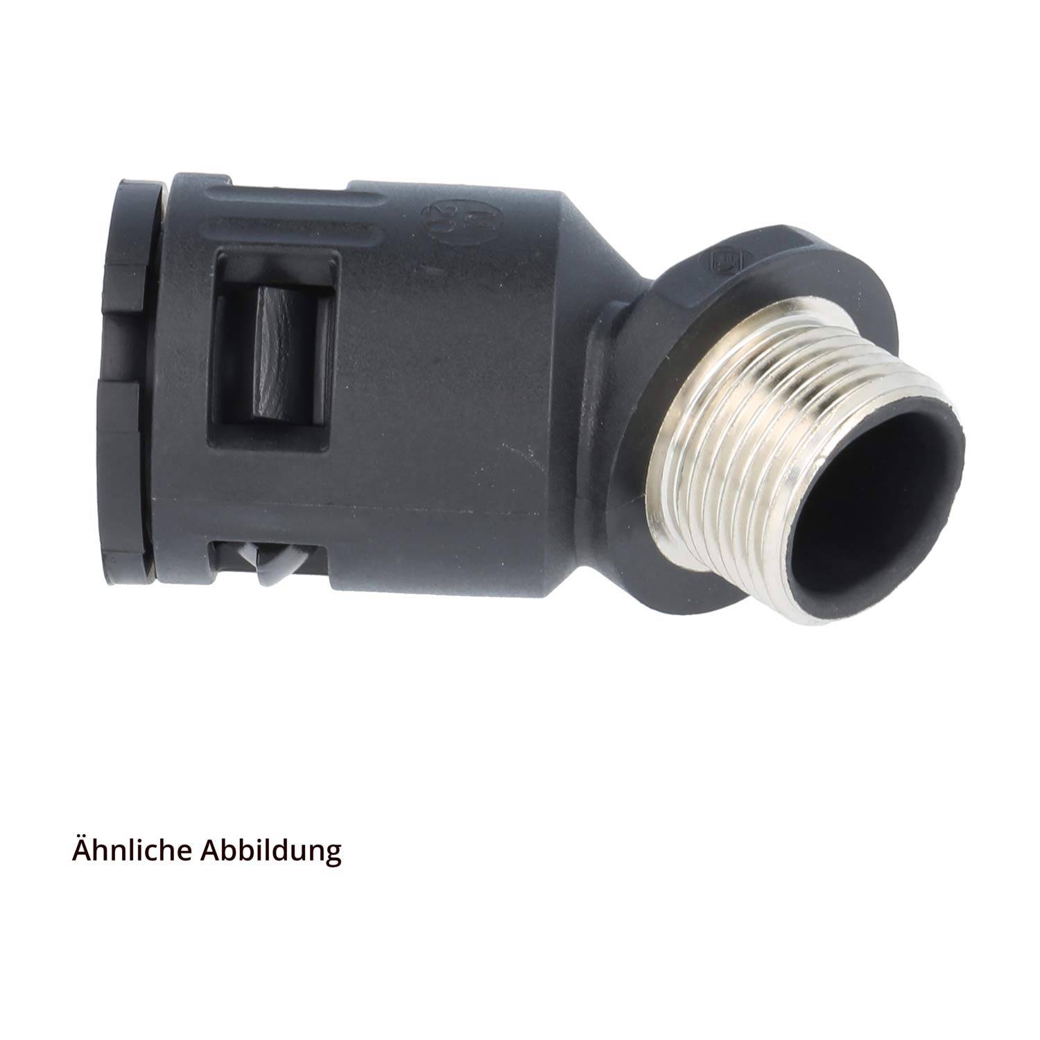 Schwarzer abgewinkelter Stecker mit Metallgewinde-Schnittstelle, geeignet für Elektro- oder Sanitäranwendungen. Mit der Bezeichnung 'Ähnliche Abbildung'.