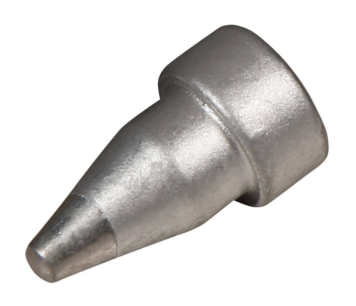 Eine metallische, konische Werkzeugspitze, möglicherweise zum Löten oder Gravieren, die ihre glatte, glänzende Oberfläche und konische Form zeigt.