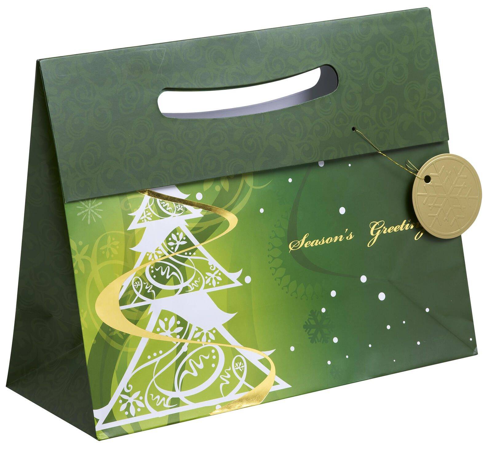 Grüne Geschenktasche zum Aufhängen mit weißem dekorativem Baumdesign, Text „Season's Greetings