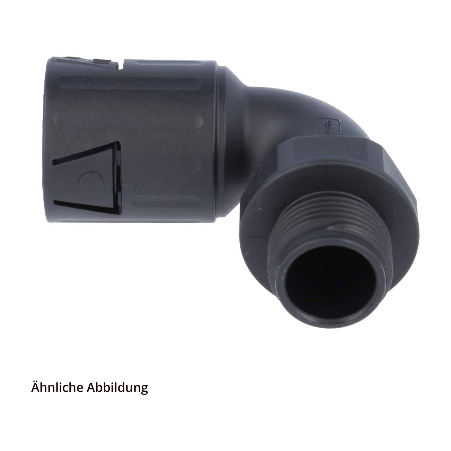 Ein schwarzes Rohrbogenstück für Sanitärinstallationen, das an einem Ende einen Gewinde-Stecker und am anderen Ende eine Schiebeverbindung aufweist.