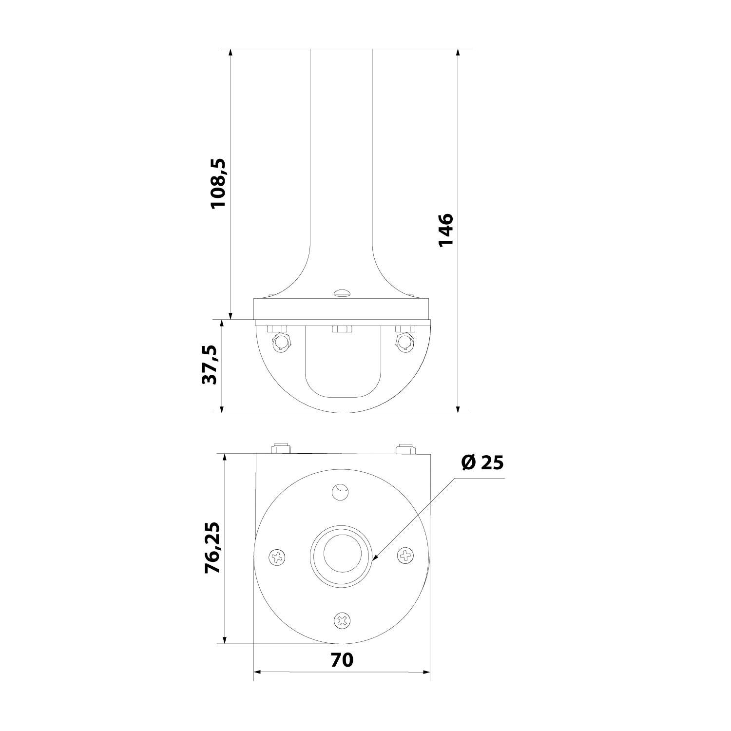 Technische Zeichnung eines zylindrischen Bauteils mit Abmessungen: 108,5 mm Höhe, 37,5 mm Breite für die Basis und 25 mm Durchmesser für die Oberseite.