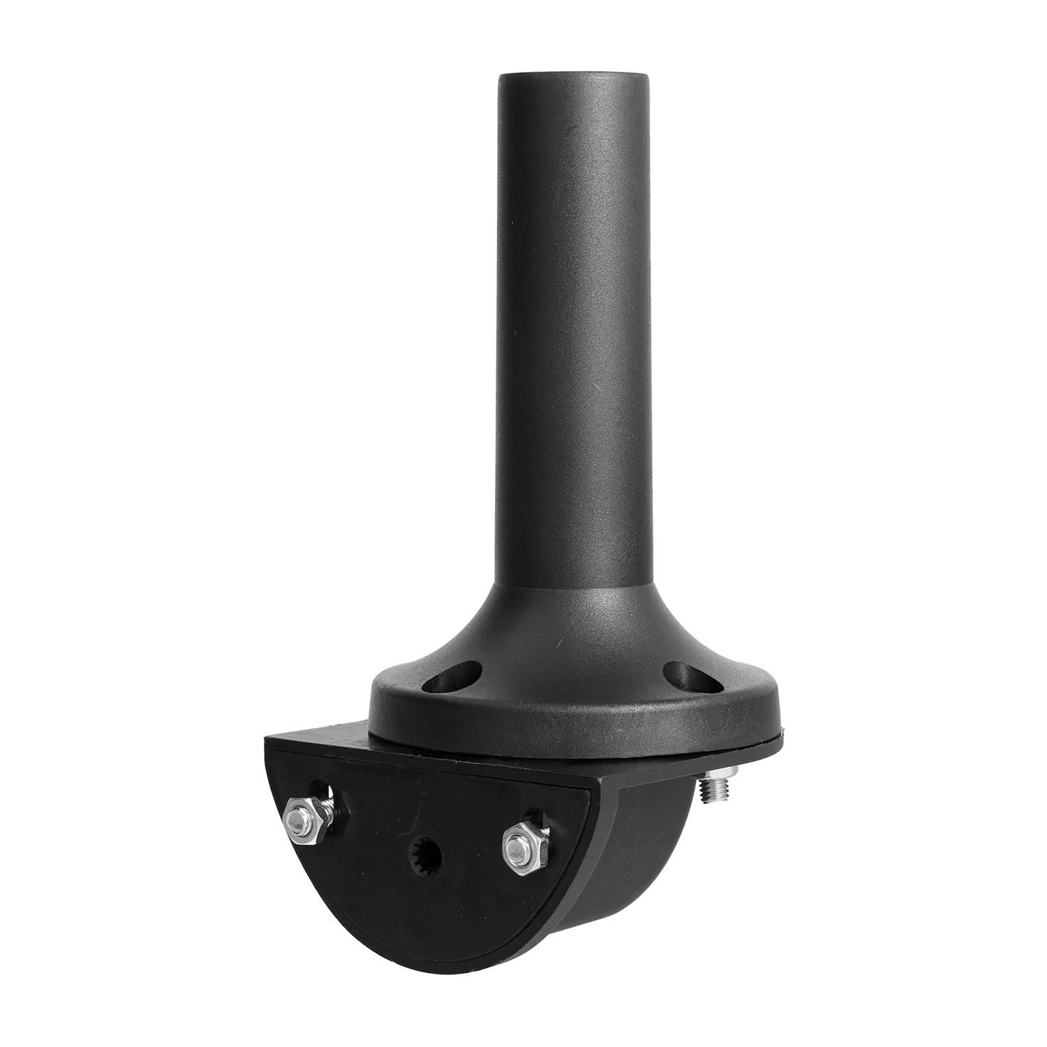 Eine schwarze vertikale Rohrklemme mit Montageplatten und Schrauben, entwickelt zum Befestigen von Rohren oder Stäben auf einer ebenen Oberfläche.