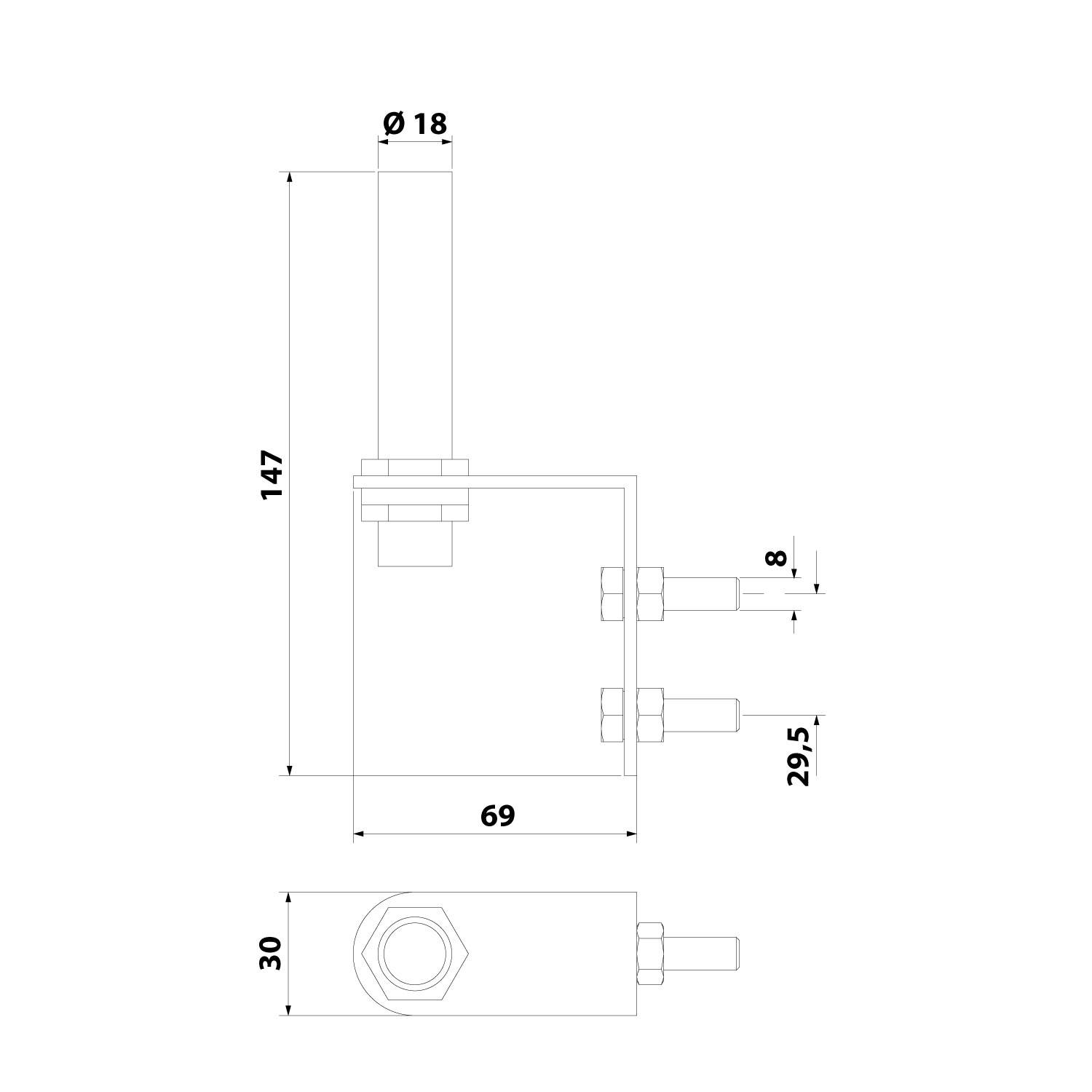 Technische Zeichnung mit Seiten- und Draufsicht eines Rohrs mit beschrifteten Abmessungen: Höhe 147 mm, Breite 69 mm, Durchmesser 18 mm.