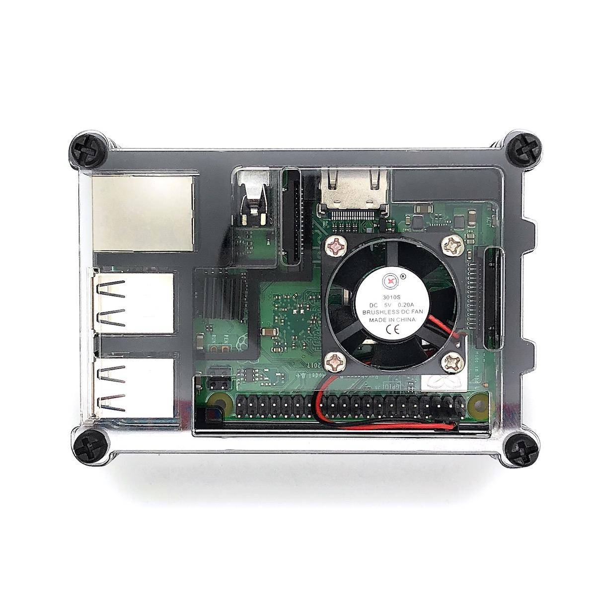 Gehäuse für Raspberry Pi 3B+, 3B, 2B mit Lüfter, stackable, transparent/schwarz