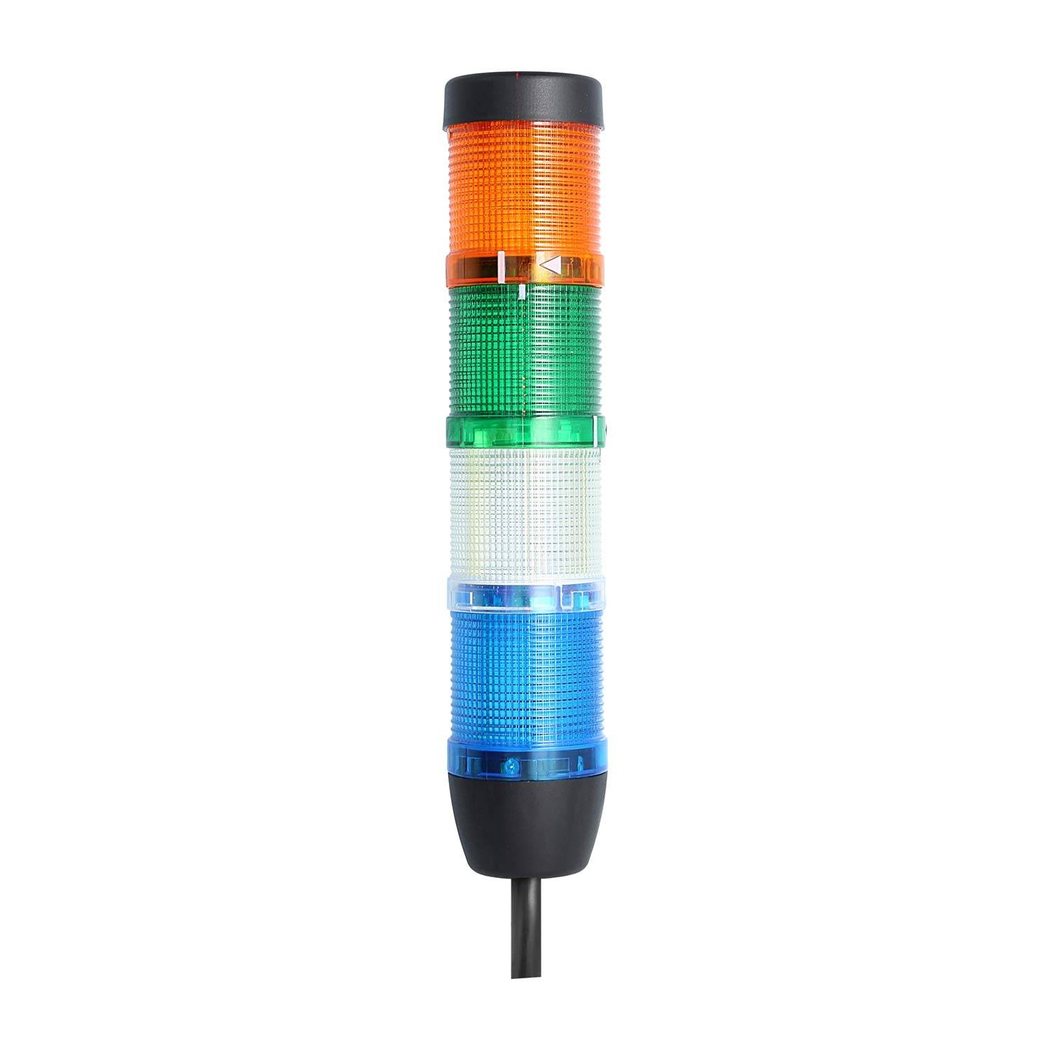Gestapelter Signalturm mit Leuchten in orange, grün, weiß und blau, die den Betriebsstatus oder Warnzustände anzeigen.