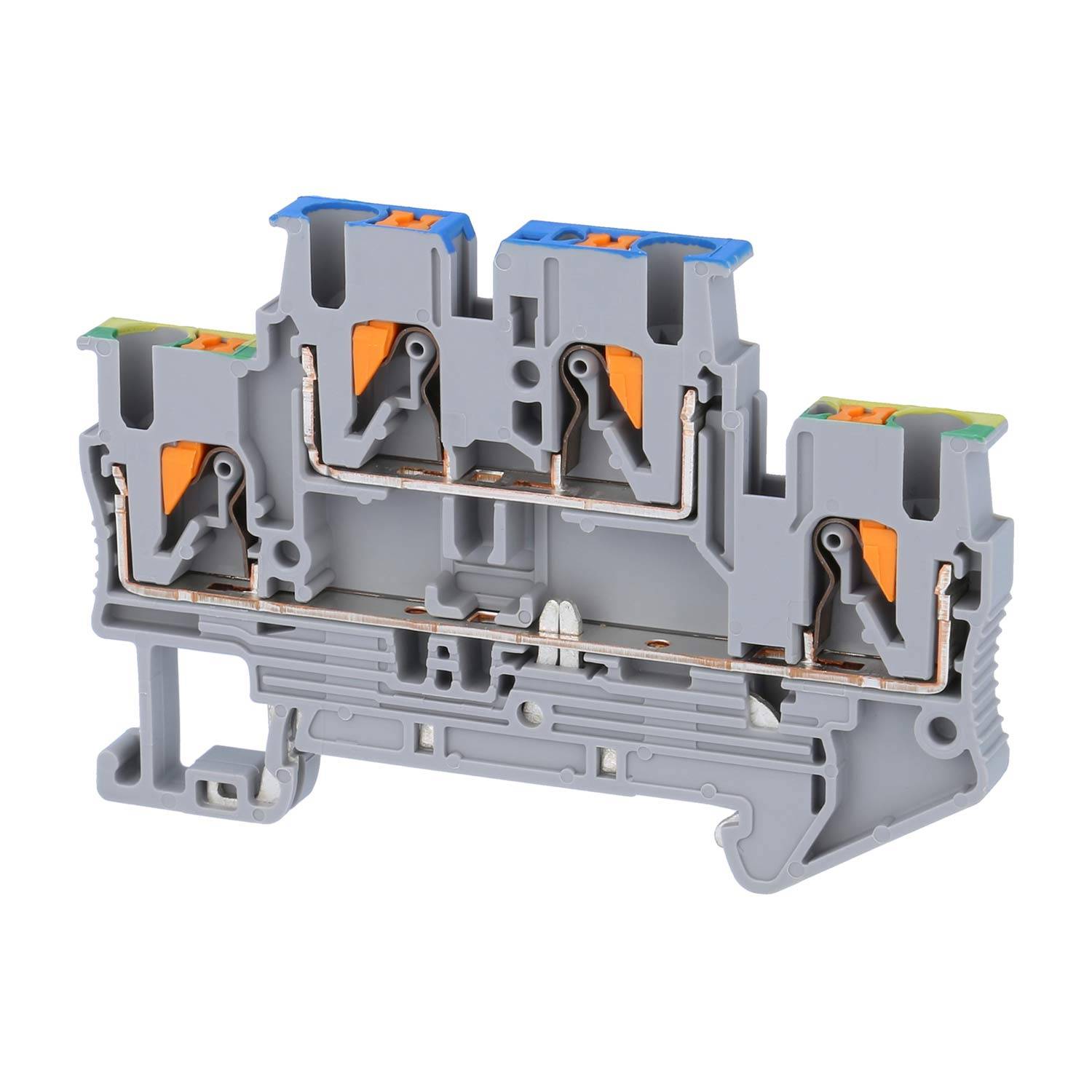 Ein grauer Kunststoff-Klemmblock mit mehreren Anschlussanschlüssen und farbigen Indikatoren, der zur Organisierung und Verbindung von Elektrokabeln verwendet wird.