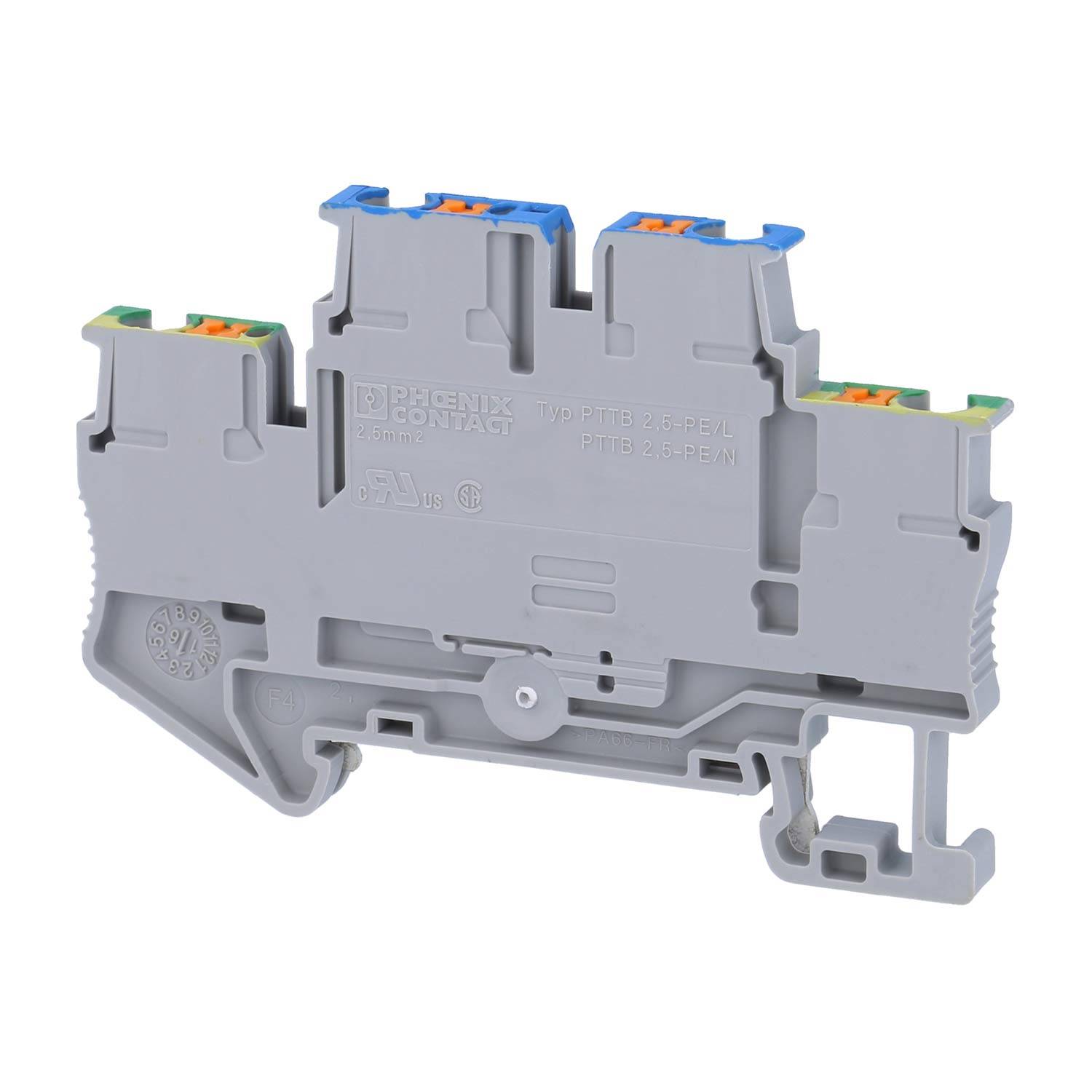 Ein graues Elektroklemmleistenblock mit farbigen Markierungen und Anschlüssen, das zum Befestigen von elektrischen Drähten in einem Verdrahtungssystem verwendet wird.