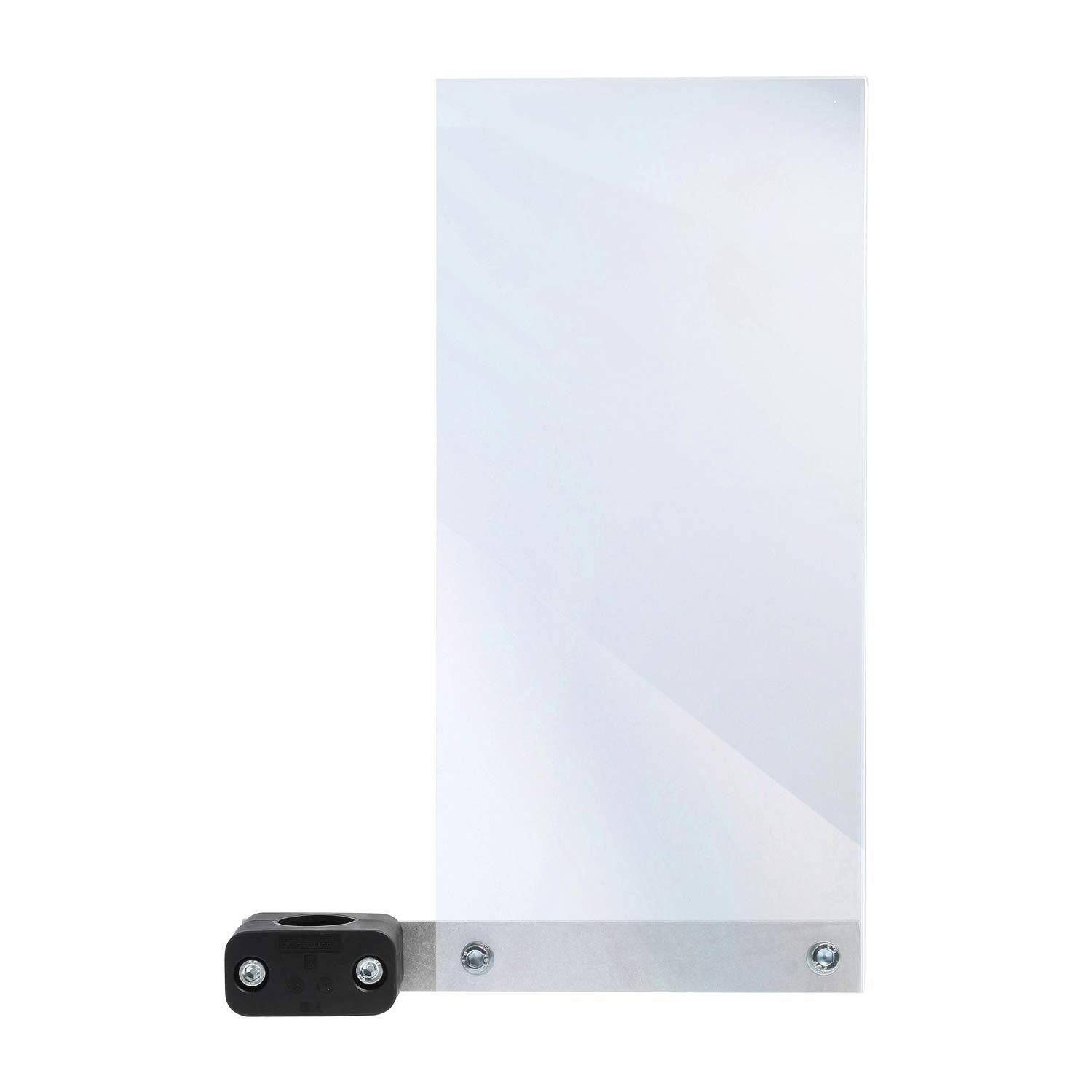 Ein transparentes Acrylblatt mit einer Metallhalterung und einer schwarzen Basis, wahrscheinlich als Barriere oder Trennwand in einem öffentlichen Raum oder Büro verwendet.