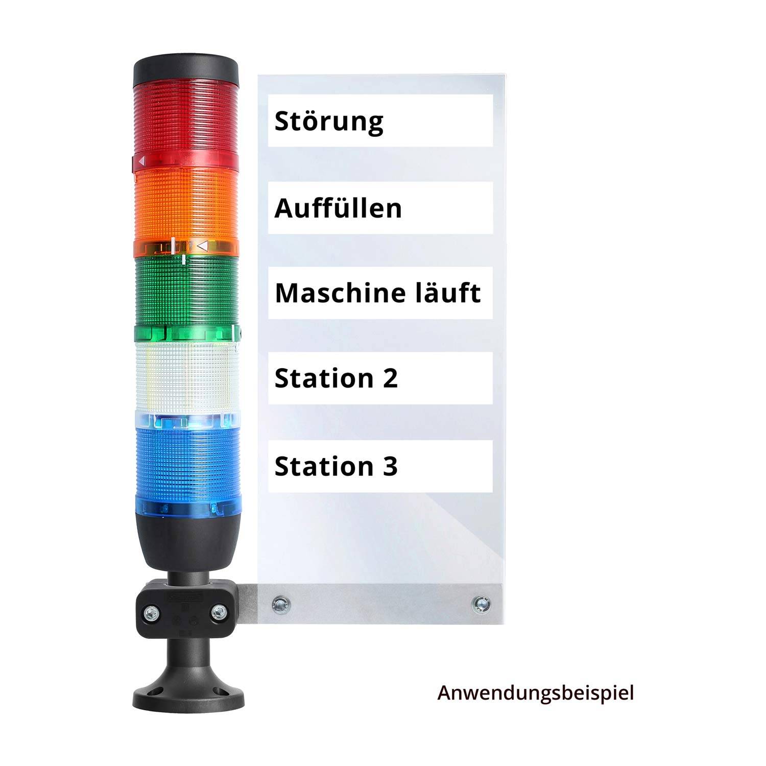 Ein Signalturm mit fünf farbigen Leuchten (rot, orange, blau, grün, weiß) beschriftet: 'Störung', 'Auffüllen', 'Maschine läuft', 'Station 2', 'Station 3'.