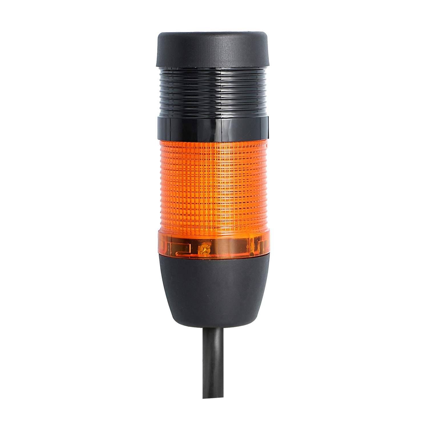 Eine orange LED-Signalturm-Leuchte mit schwarzer Basis und zylindrischer Gestaltung, die in industriellen Umgebungen häufig zur Statussignalisierung verwendet wird.