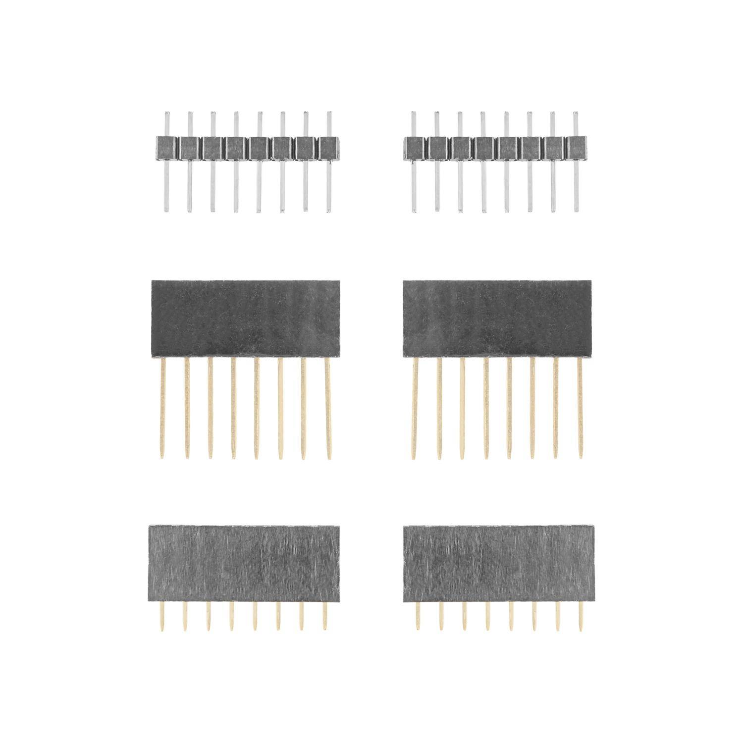 Sechs schwarze Pin-Header-Anschlüsse mit goldenen Pins, in zwei Reihen angeordnet, mit unterschiedlichen Größen. Die obere Reihe zeigt einen kleineren Anschluss.