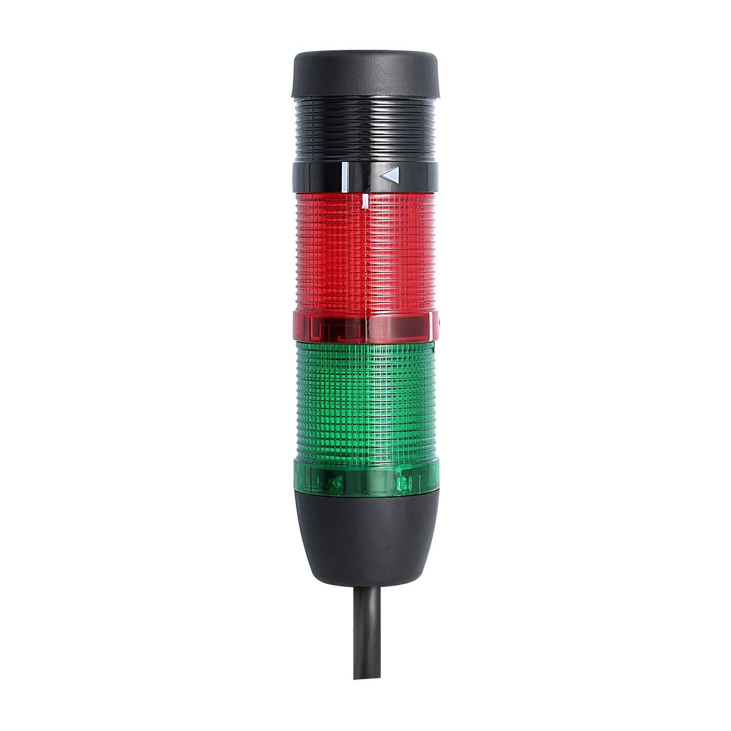 Ein vertikaler LED-Signalturm mit zwei farbigen Abschnitten: die obere Hälfte ist rot und die untere Hälfte ist grün, der zur Anzeige des Maschinenstatus verwendet wird.