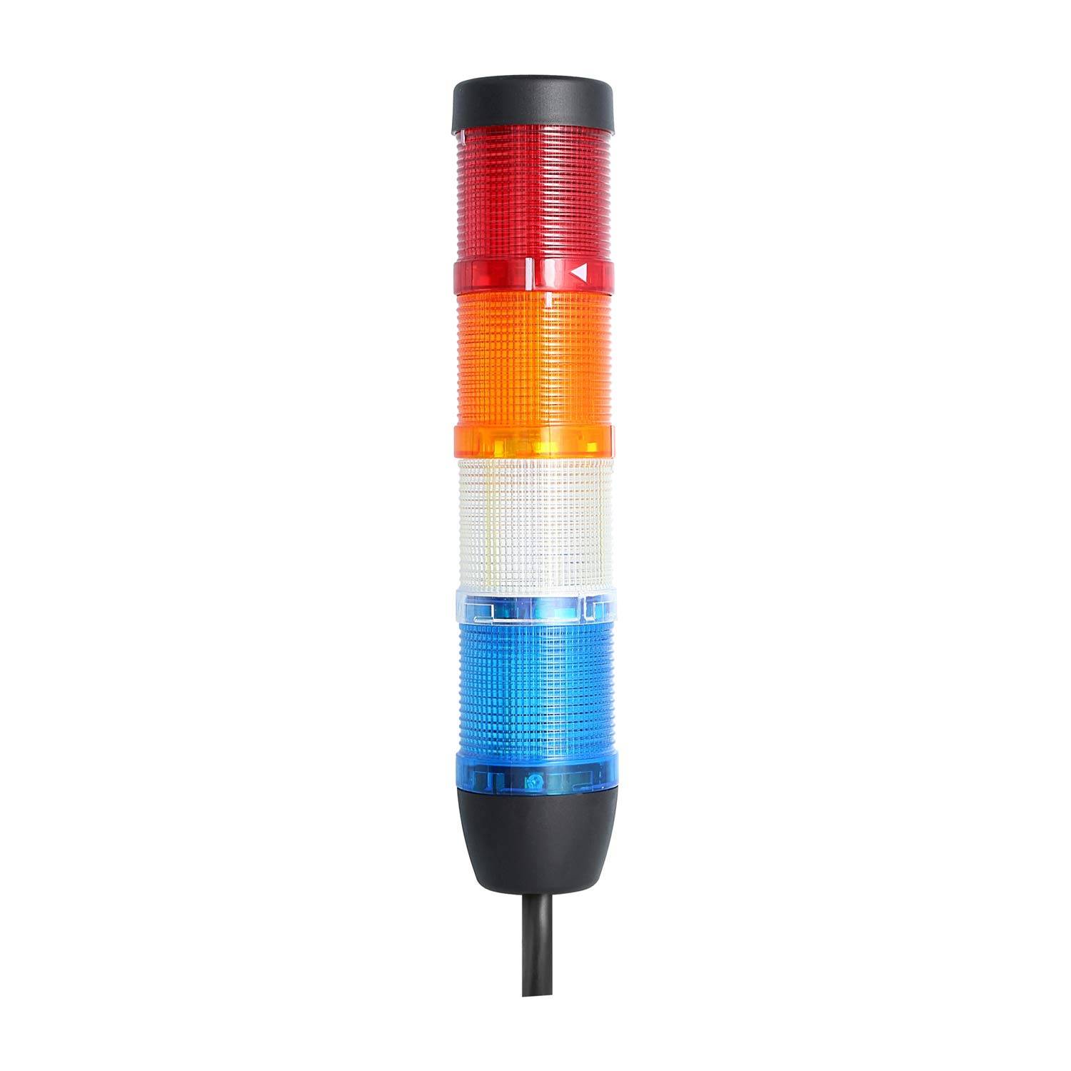 Ein Stapel von vier LED-Leuchten in Rot, Orange, Weiß und Blau auf einer schwarzen Basis.