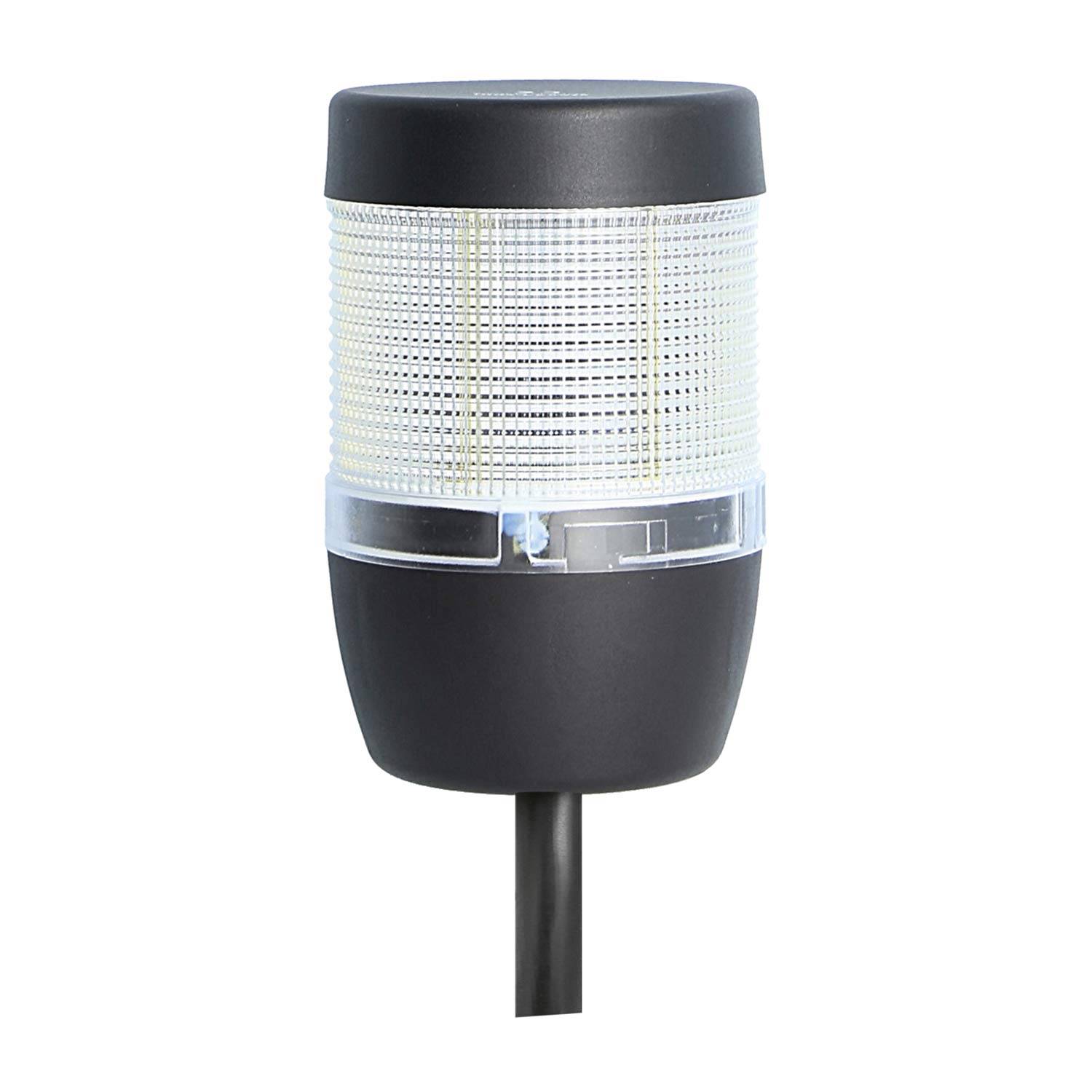 Eine schwarze Außenlampe mit einem klaren, strukturierten zylindrischen Schirm auf einem Pfosten, die für die Beleuchtung von Gehwegen konzipiert ist.