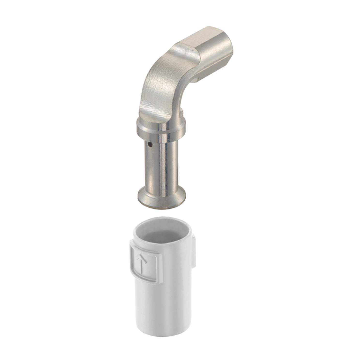 Zwei Metallrohrverschraubungen, eine gewinkelt und eine senkrecht, konstruiert zum Verbinden für Fluidpassage. Vertikal positioniert mit geringem Abstand.