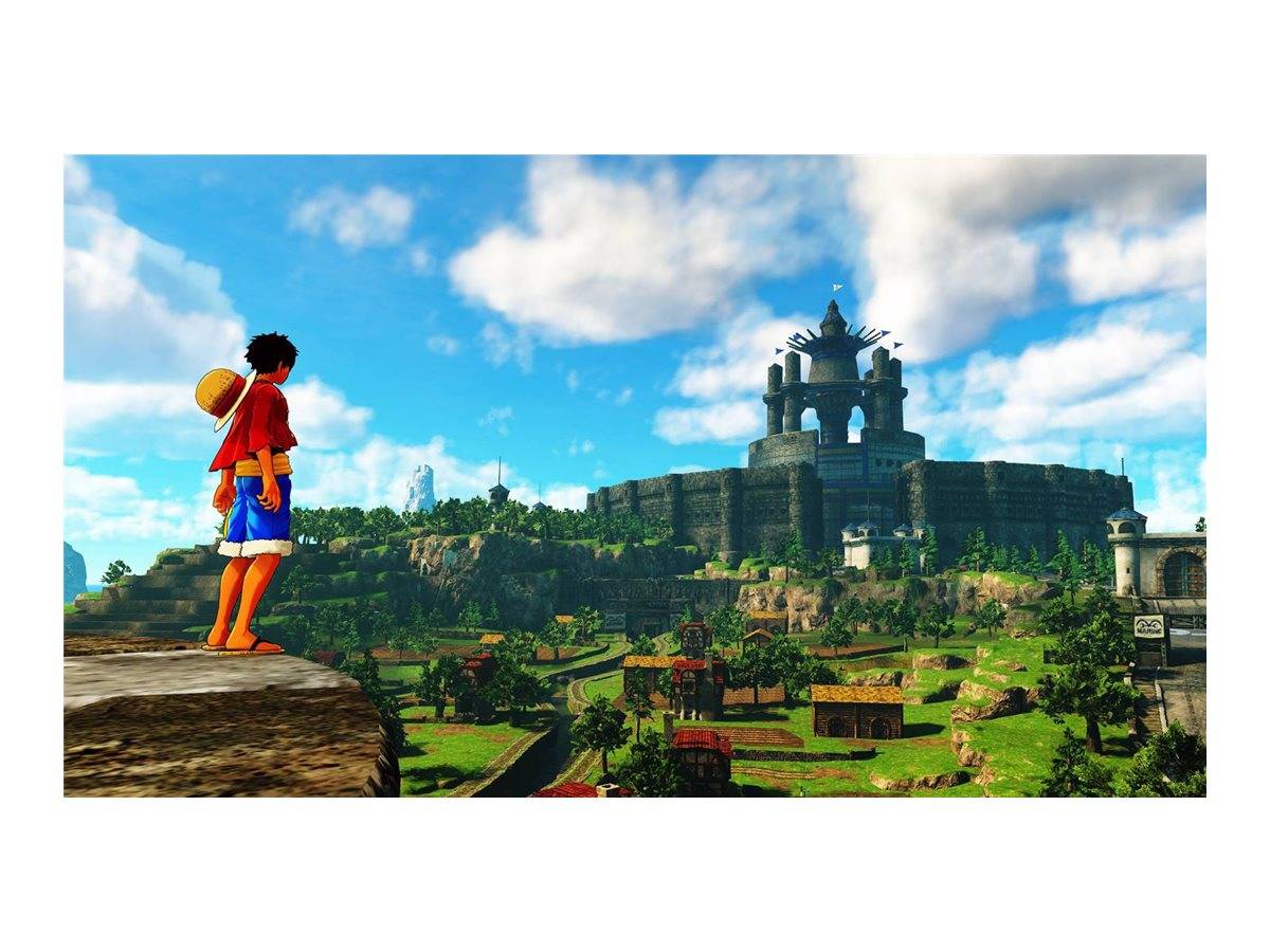 Eine Person mit Strohhut und roter Kleidung blickt über eine üppige Landschaft mit einem Dorf und einer großen, burgähnlichen Struktur auf einem Hügel unter einem blauen Himmel.