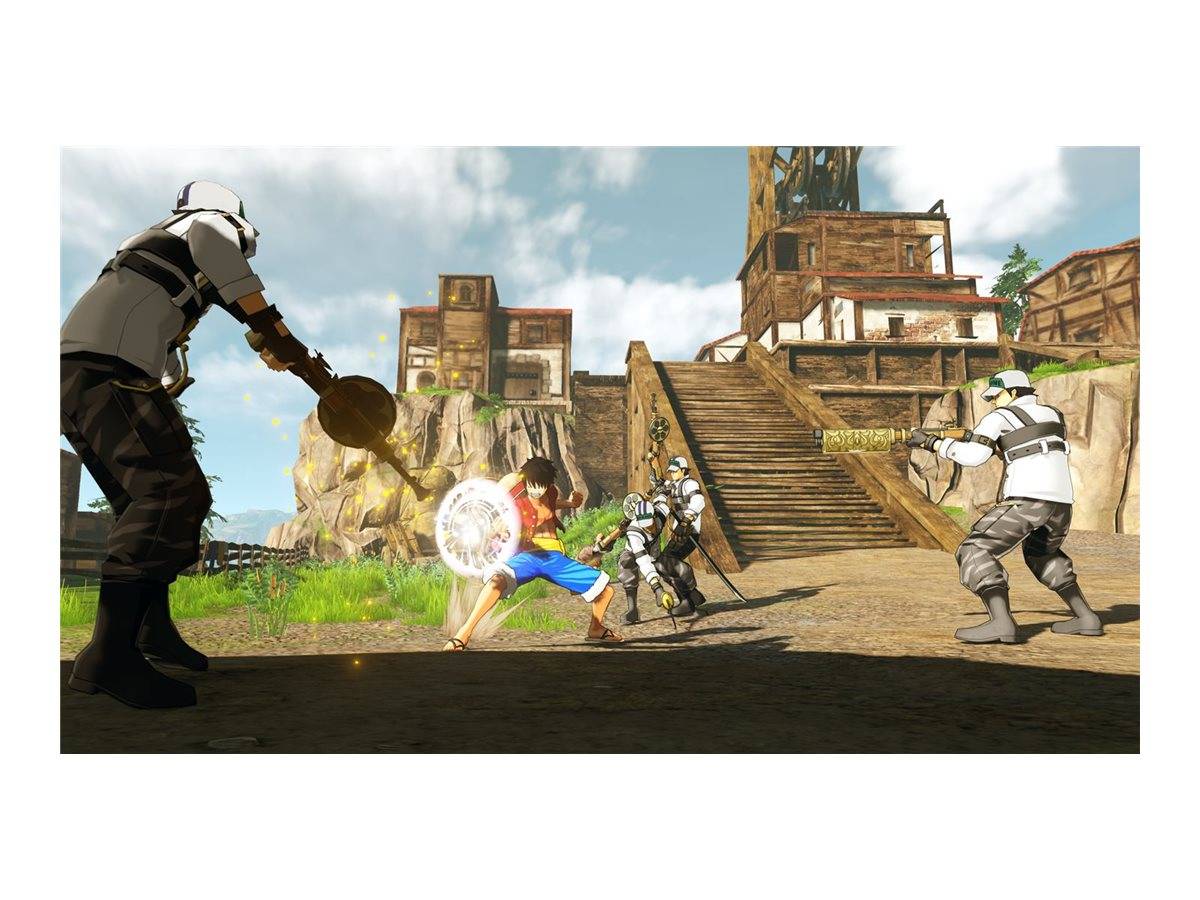 Ein Charakter in einer roten Weste und blauen Hosen kämpft gegen gepanzerte Soldaten in einer rustikalen Dorfumgebung unter einem blauen Himmel.