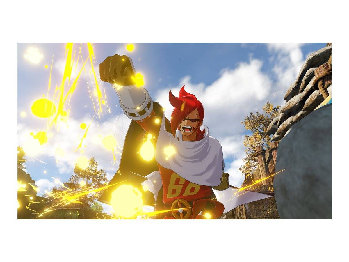 Eine dynamische Szene aus einem Videospiel zeigt einen Charakter mit erhobener Faust, umgeben von leuchtendem, hellem gelben Energiefeld vor einer Waldkulisse.