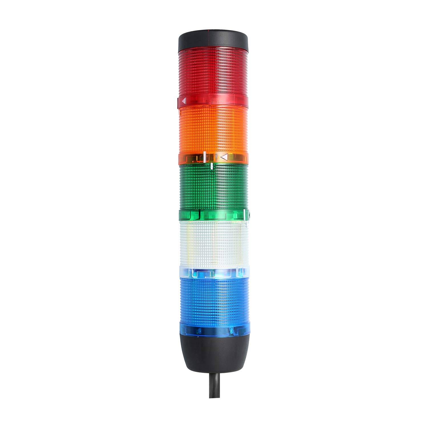 Gestapelte LED-Signalturm mit roten, orangefarbenen, grünen, weißen und blauen Segmenten, verwendet zur Anzeige des Maschinenstatus oder von Warnungen.