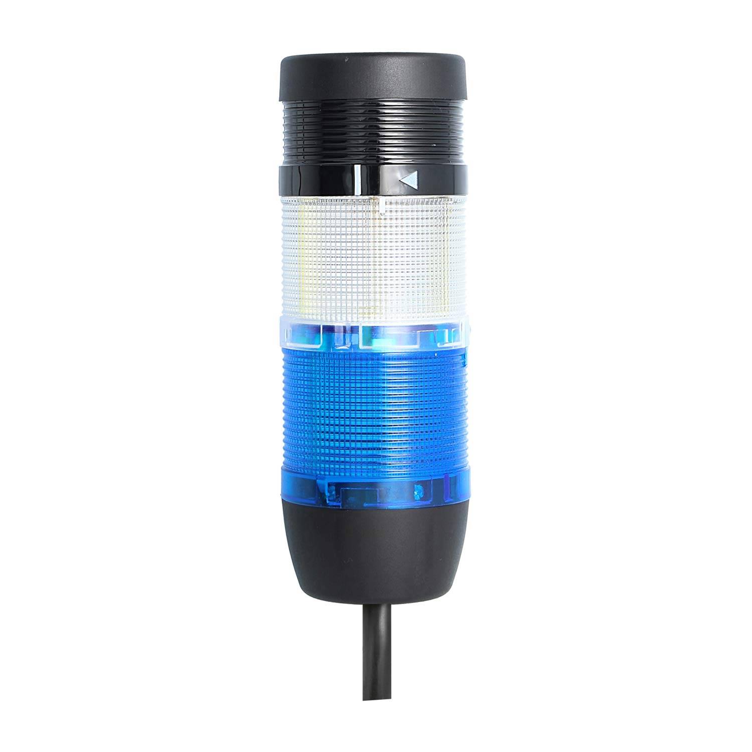 Ein zylindrischer LED-Signalturm mit einer schwarzen Basis, die einen weiß und blau beleuchteten Abschnitt aufweist und zur Statusanzeige verwendet wird.
