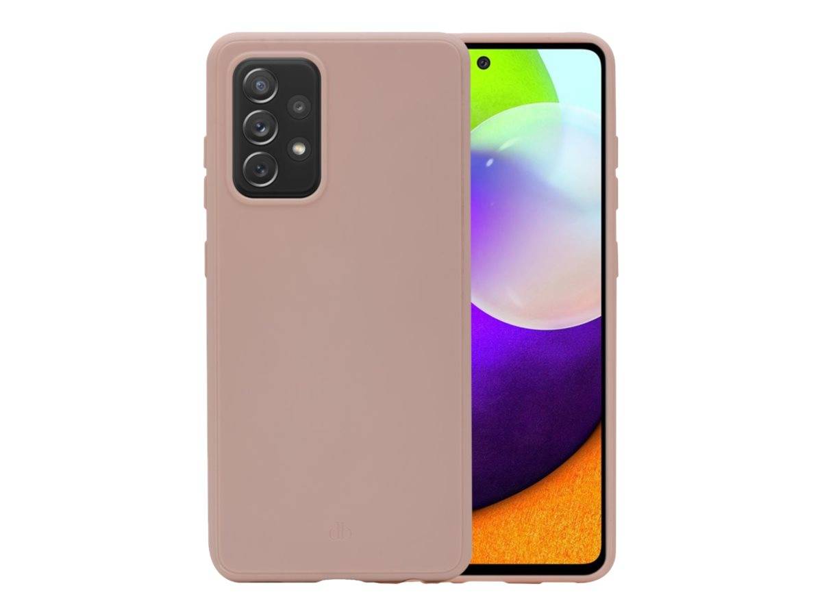Rosa Smartphone mit Schutzhülle von vorne und hinten gezeigt, wobei das dreifache Kameraloch auf der Rückseite und das Display mit vollständigem Bildschirm hervorzuheben sind.