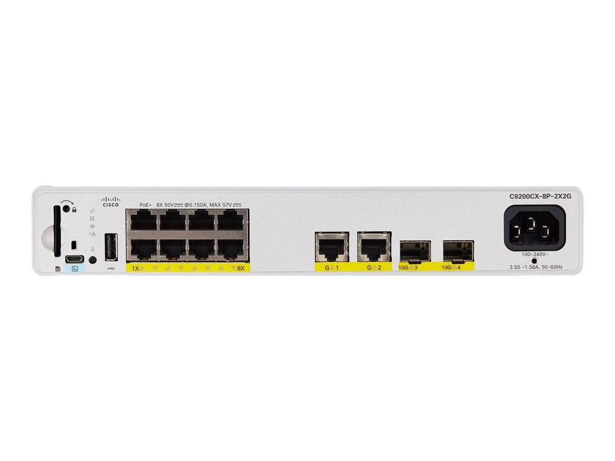 Vorderansicht eines Cisco-Netzwerk-Switches mit mehreren Ethernet-Anschlüssen, vier SFP-Uplink-Ports und einer Stromeingang auf der rechten Seite.
