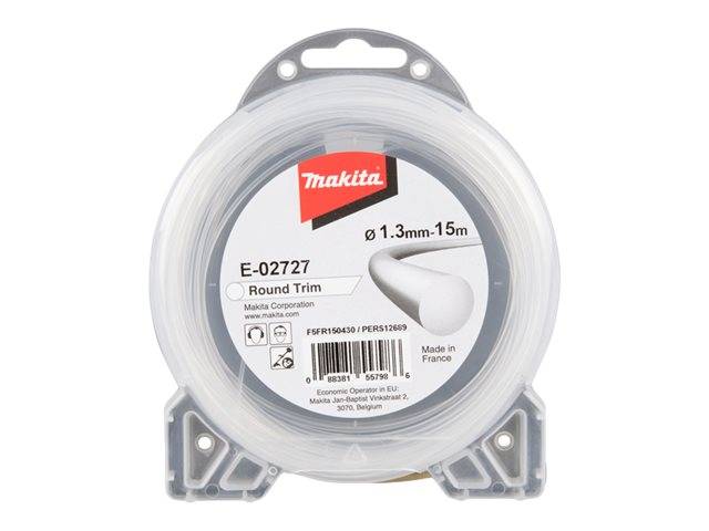 Makita E-02727 Rundschneidfaden-Spule, 1,3 mm x 15 m, in klarer Verpackung abgebildet.