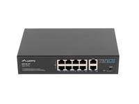 Vorderansicht eines schwarzen Netzwerk-Switches mit mehreren Ethernet-Anschlüssen und Statusleuchten auf der Frontplatte.
