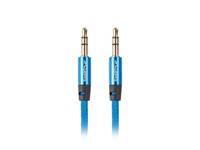 Zwei blaue 3,5-mm-Audiokabel mit metallischen Steckern nebeneinander auf weißem Hintergrund dargestellt.