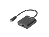 Schwarzer USB-C-auf-HDMI-Adapter mit kurzem Kabel auf weißem Hintergrund.