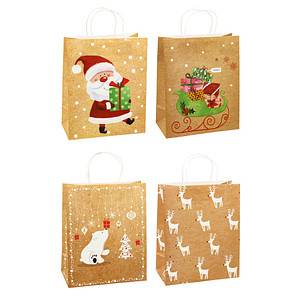 Vier braune Kraftpapiertüten mit weißen Henkeln, dekoriert mit Weihnachtsmotiven: der Weihnachtsmann mit einem Geschenk, ein Geschenkschlitten, ein Eisbär neben einem Baum und sich wiederholende Rentiere.