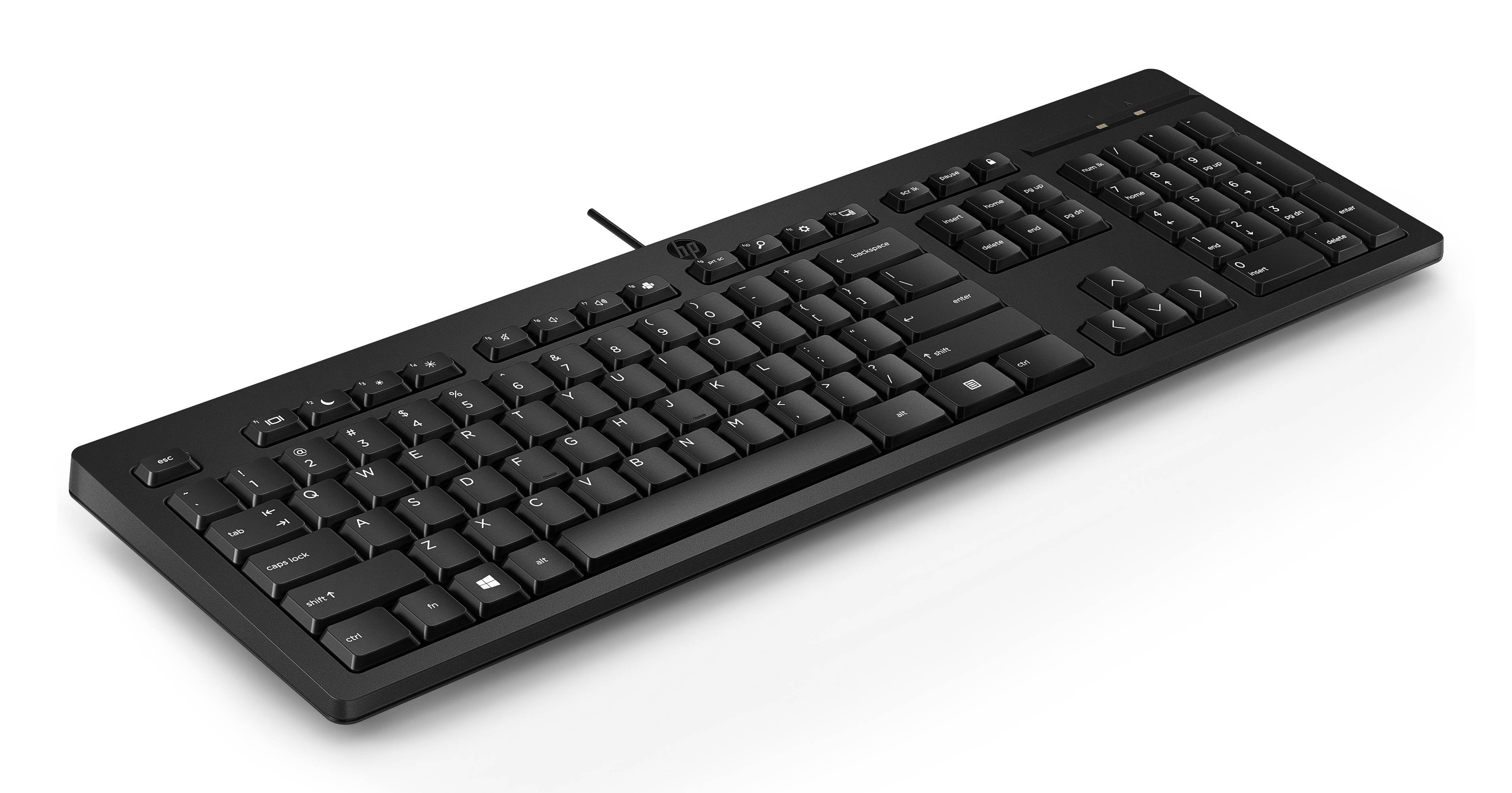 Schwarze Computertastatur in voller Größe mit Kabel, im Winkel auf weißem Hintergrund abgebildet.