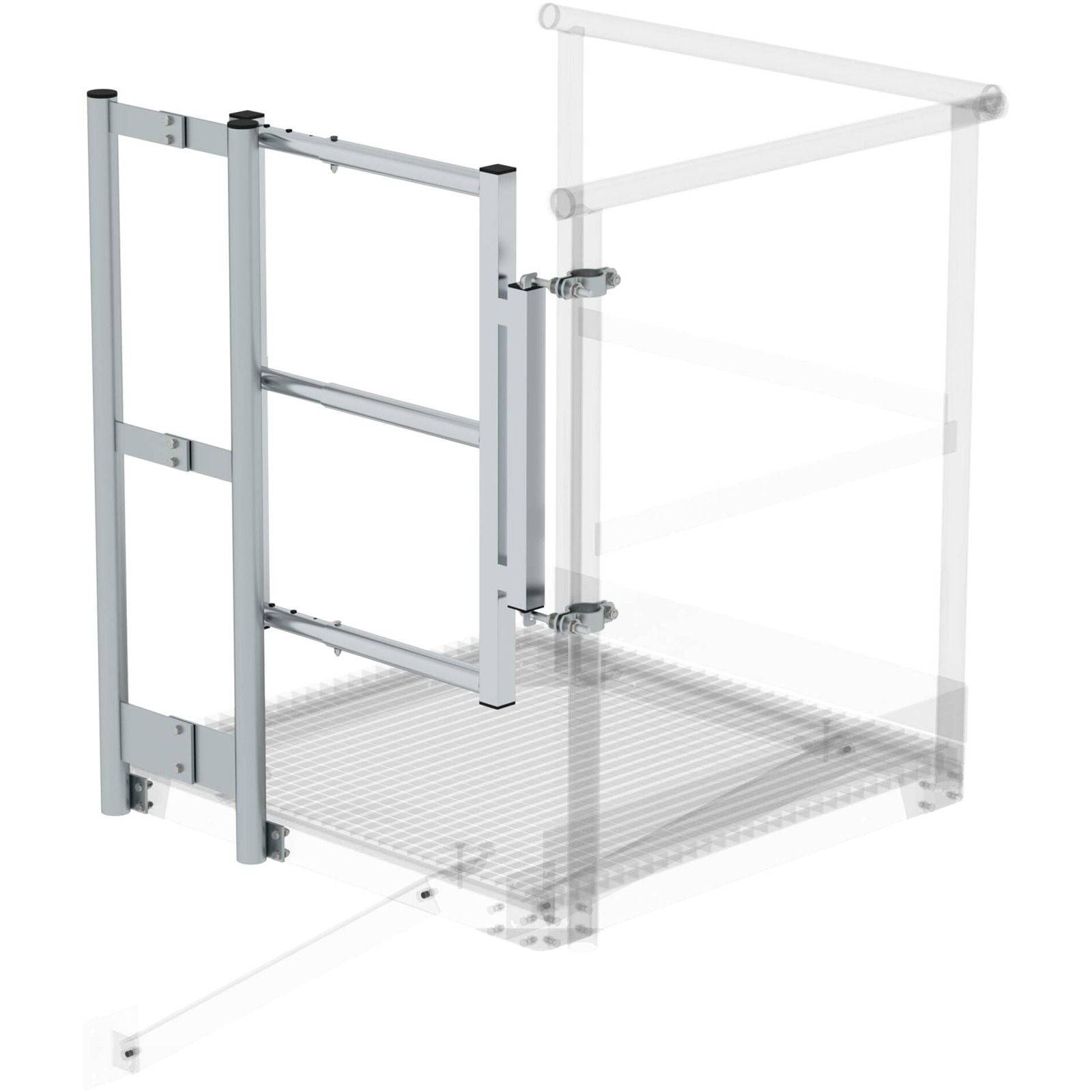 Ein Bild zeigt ein metallisches Sicherheitstor in offener Position am Platformrand und veranschaulicht, wie es sich öffnet, um den Durchgang zu ermöglichen.