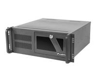 Schwarzes Rack-Server-Gehäuse mit vorderen Belüftungsschlitzen und einem Laufwerk-Schachtanschluss.