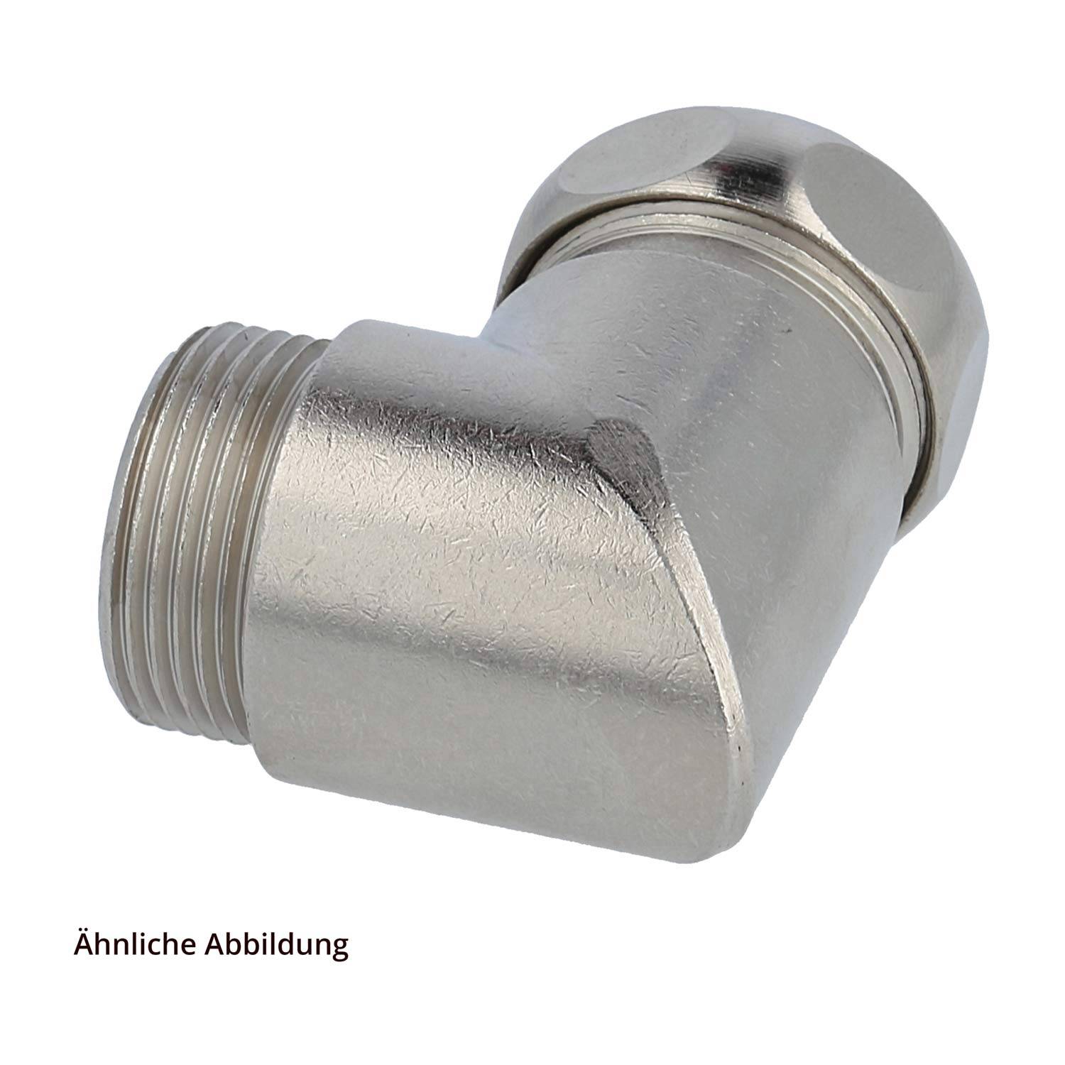 Ein Metallwinkelrohrverbinder mit Gewindeanschlüssen, geeignet für Sanitär- oder industrielle Anwendungen. Etikett liest 'Ähnliche Abbildung'.