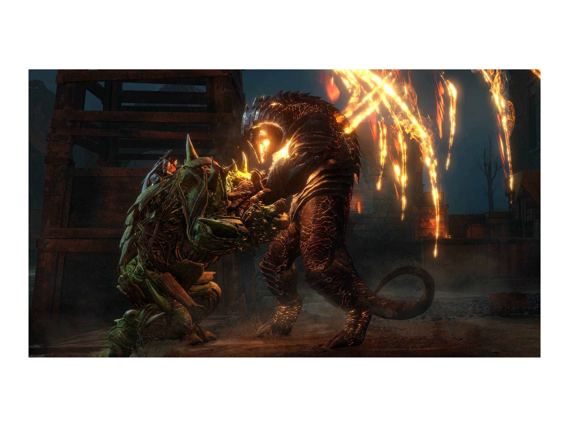 Zwei monströse Kreaturen kollidieren, wobei feurige und elektrische Effekte die Szene beleuchten und einen epischen Kampf oder eine Fantasy-Konfrontation andeuten.