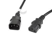 Ein schwarzes Netzkabel mit einem C13-Stecker auf der einen Seite und einem C14-Stecker auf der anderen Seite, das zur Verbindung von Computertechnik mit Stromquellen verwendet wird.