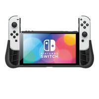 Nintendo Switch tragbare Spielkonsole mit angebrachten Joy-Con-Controllern, auf dem Bildschirm wird das Switch-Logo angezeigt.