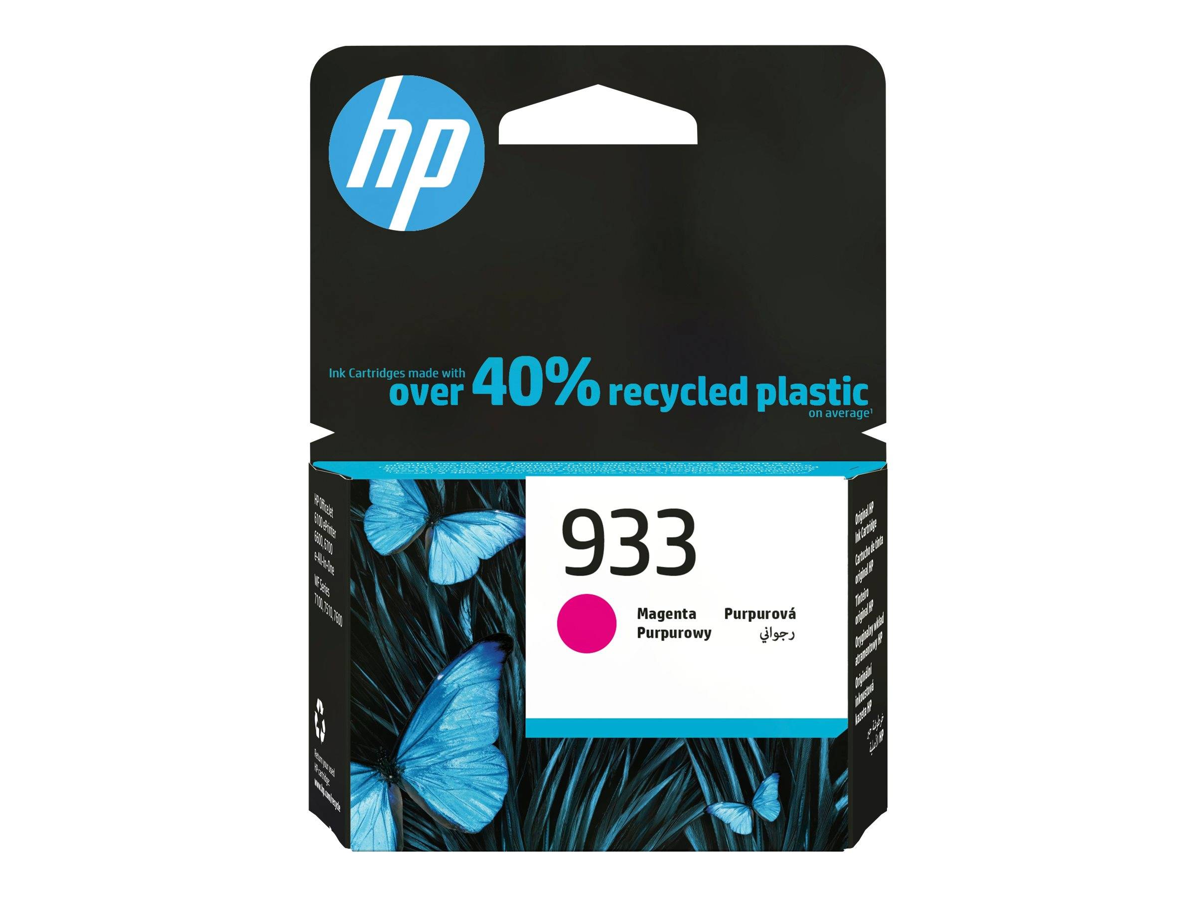 HP-Druckertintenpapierpatrone, Modell 933 Magenta, mit der Aufschrift „über 40% recycelter Kunststoff