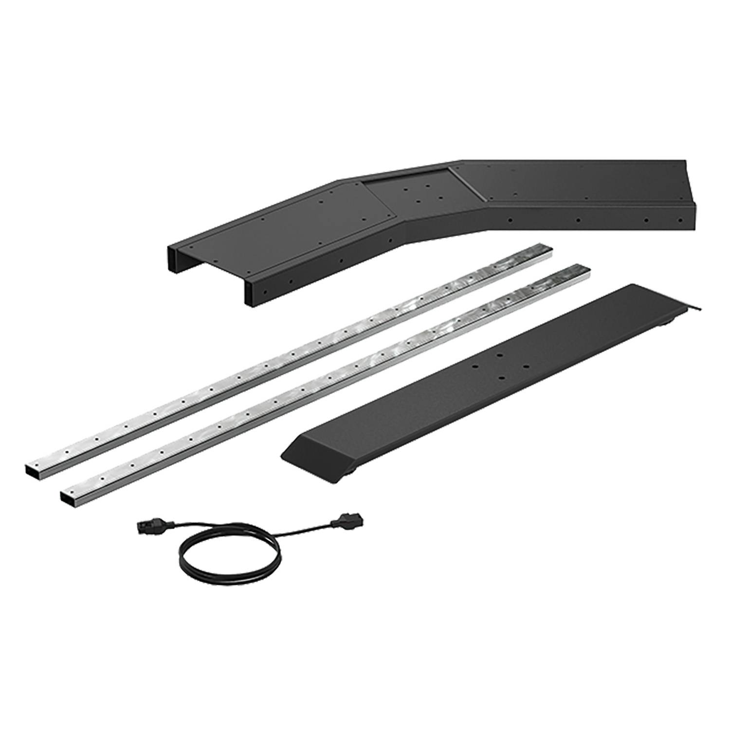 Metall- und schwarze Komponenten auf weißem Hintergrund umfassen zwei lange Metallschienen, zwei abgewinkelte schwarze Paneele und ein Stromkabel.