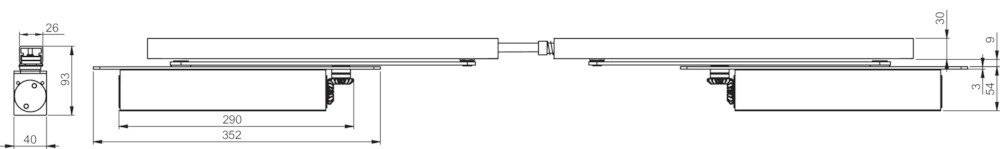 Ein einfaches, beschriftetes Diagramm eines Linearaktors, das den Ausfahrarmmechanismus und das Motorgehäuse zeigt, entworfen für mechanische Anwendungen.