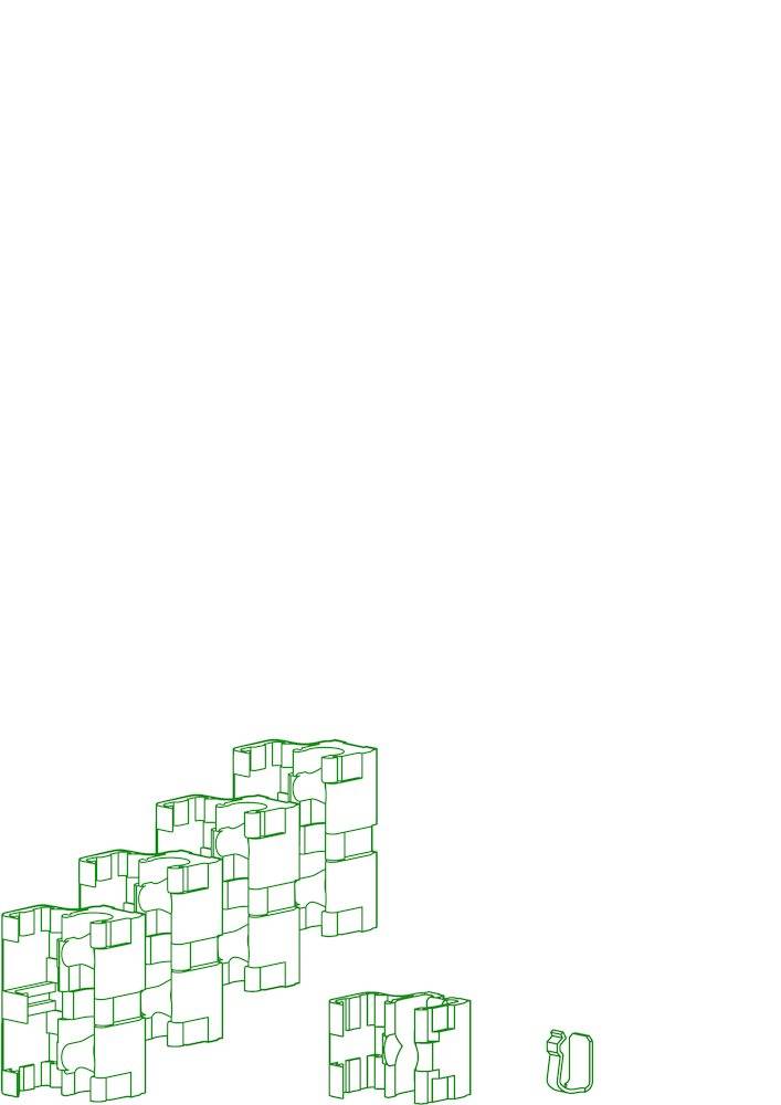 Muster aus verbundenen grünen Würfeln, die abstrakte architektonische Formen vor einem schlichten weißen Hintergrund bilden.